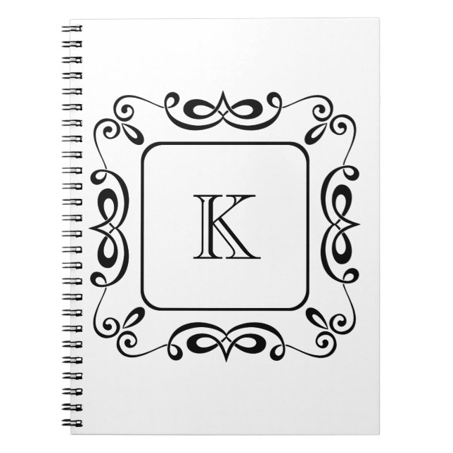 Black White Swirl Flourish Initial Monogram Notebook (Front)