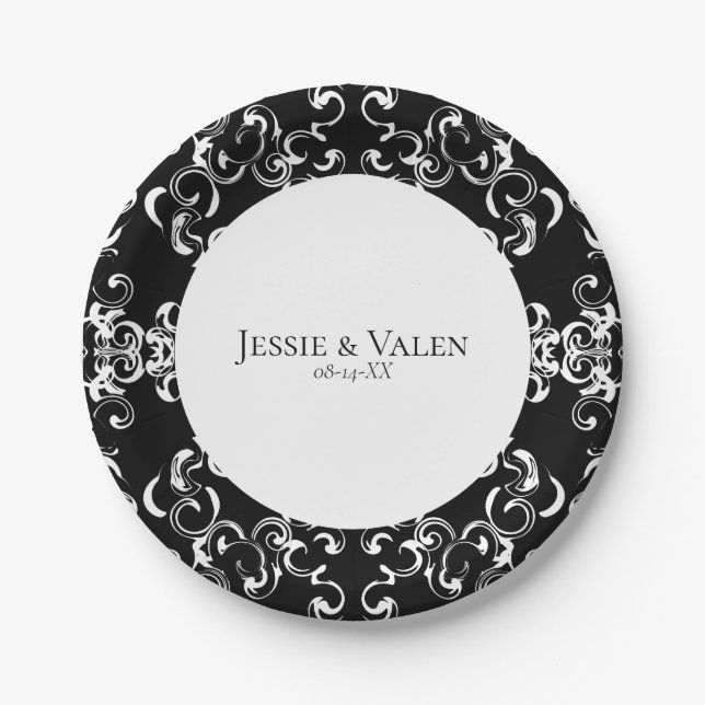 Black & White Swirl Gothic Wedding Paper Plate (Front)