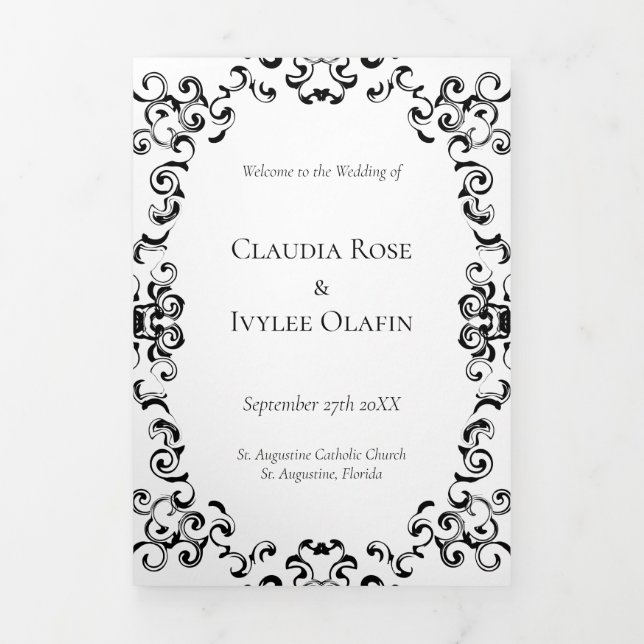 Black & White Swirl Gothic Wedding Tri-Fold Programme (Cover)