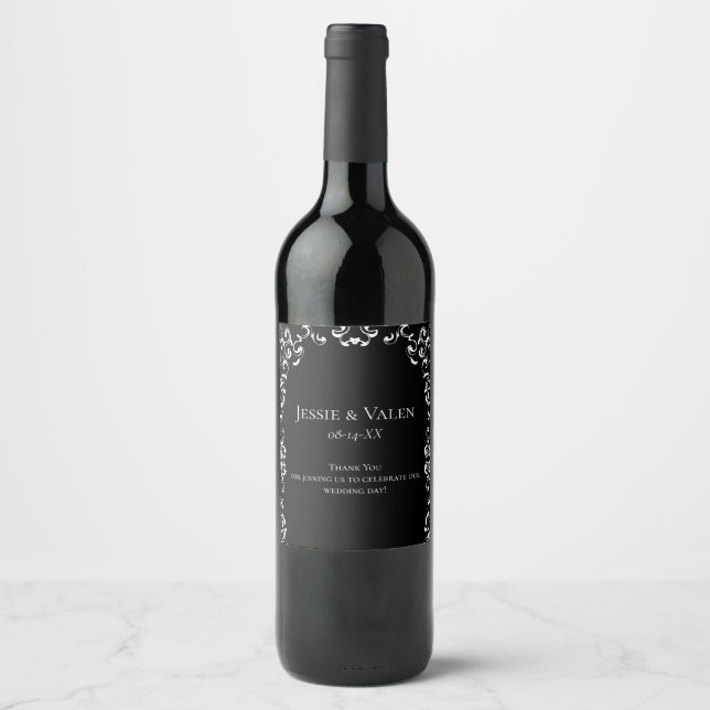 Black & White Swirl Gothic Wedding Wine Label (Front)