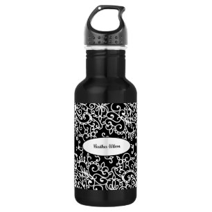 Black White Swirl Water Bottle with Name