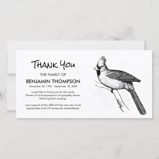Black & White Symbolic Cardinal Funeral Thank you Card (Front)