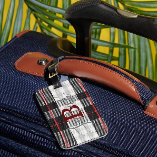 Black & White Tartan Chequered Monogram Name Luggage Tag (Front Insitu 1)