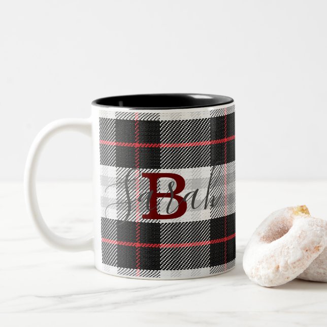 Black & White Tartan Chequered Monogram Name Two-Tone Coffee Mug (With Donut)