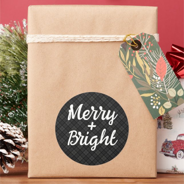 Black white tartan Christmas Merry bright Classic Round Sticker (Holiday)