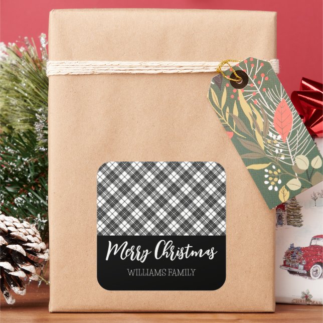 Black white tartan Merry Christmas Custom name Square Sticker (Holiday)