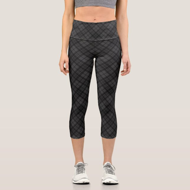 Black white tartan plaid winter Christmas pattern Capri Leggings (Front)