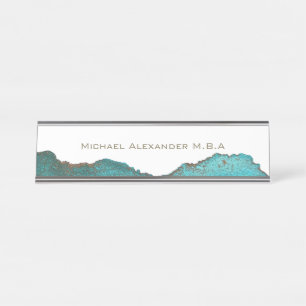 Black White Teal Abstract Custom Named Desk Name Plate