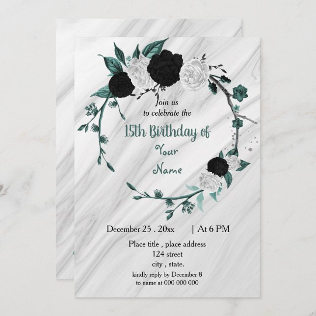 Black white teal blue wreath birthday party invitation (Front/Back)