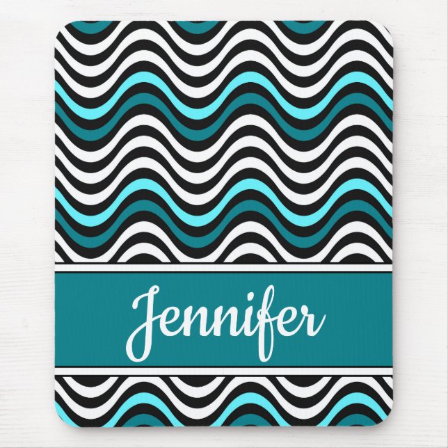 Black White Teal Bold Wavy Stripes Mouse Pad (Front)