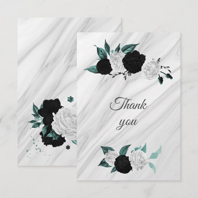 black white & teal botanical marble thank you card (Front/Back)