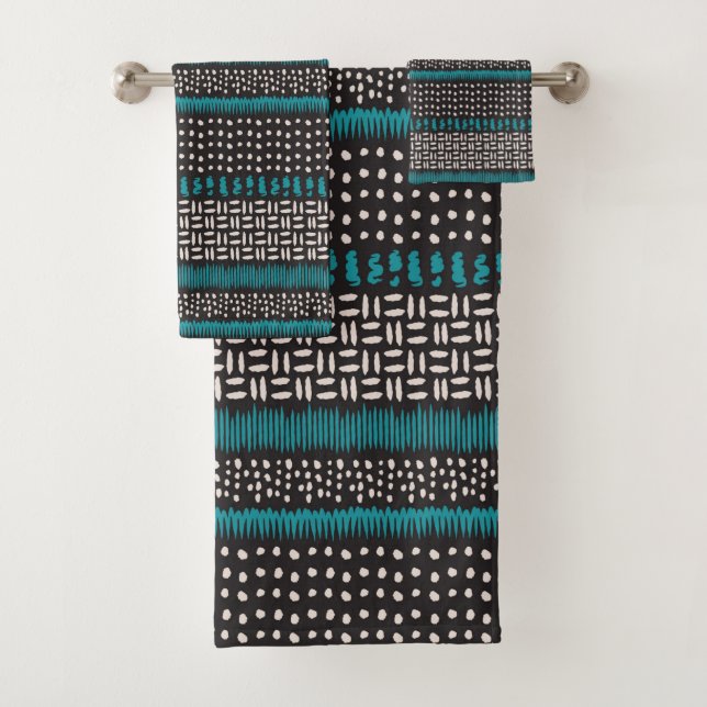 Black White Teal Dots Spots Zigzags Pattern Bath Towel Set (Insitu)