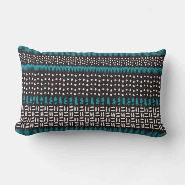 Black White Teal Dots Spots Zigzags Pattern  Lumbar Pillow (Front)