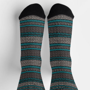 Black White Teal Dots Spots Zigzags Pattern Socks
