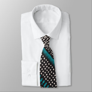 Black White Teal Dots Spots Zigzags Pattern Tie