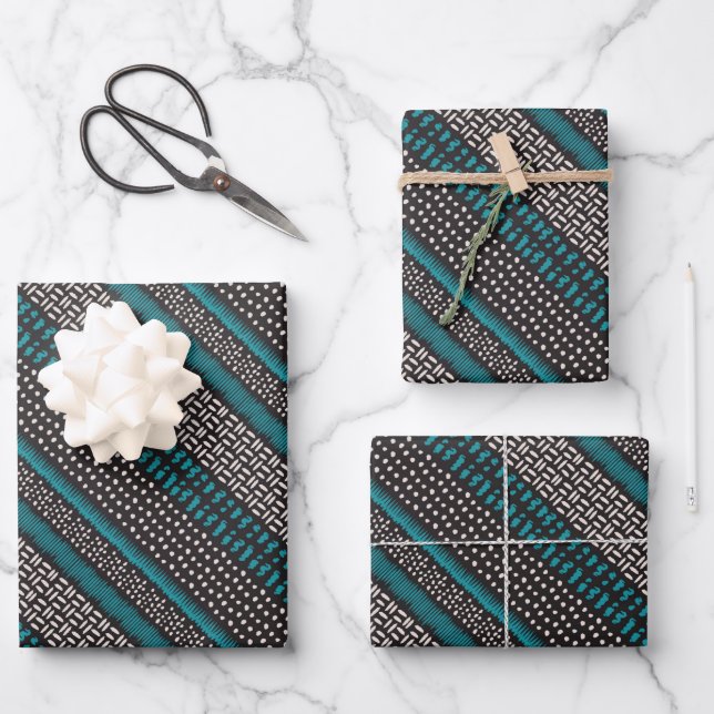 Black White Teal Dots Spots Zigzags Pattern Wrapping Paper Sheet (Front)