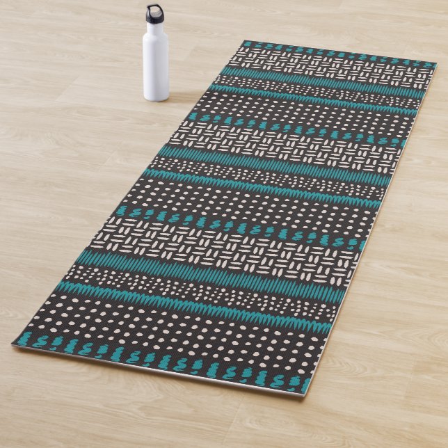 Black White Teal Dots Spots Zigzags Pattern Yoga Mat (In Situ)