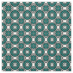 Black White Teal Ethnic Oriental Mosaic Pattern Fabric