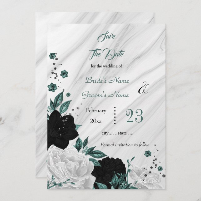 black white teal floral grey marble save the date (Front/Back)