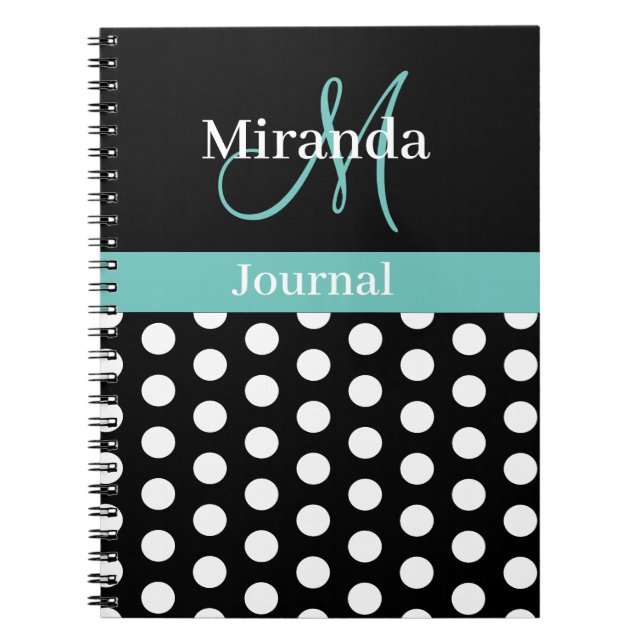 Black White Teal Green Monogram Script Polka Dot Notebook (Front)