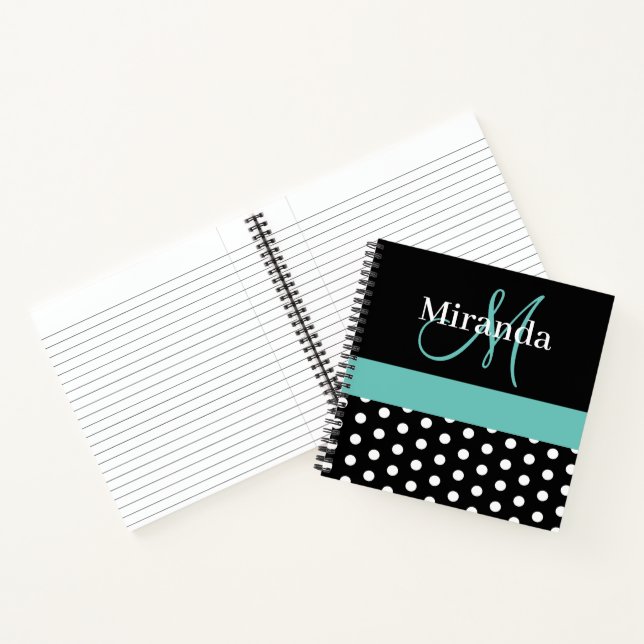 Black White Teal Green Monogram Script Polka Dots Notebook (Inside)