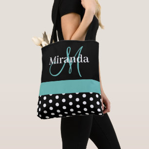 Black White Teal Green Monogram Script Polka Dots Tote Bag