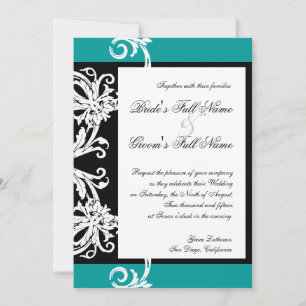 Black White Teal Heart Damask Wedding Invitations