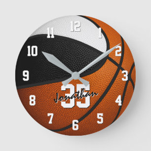 black white team colours basketball personalized round clock