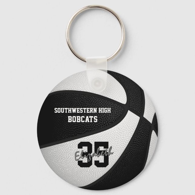 black white team colours girls boys basketball keychain (Front)