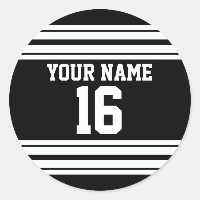 Black White Team Jersey Custom Number Name Classic Round Sticker (Front)