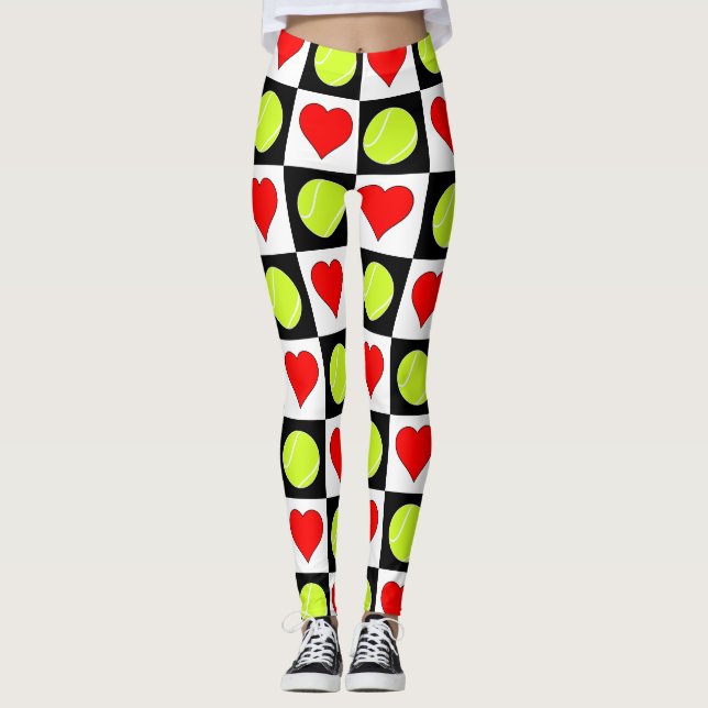 Black & White Tennis Ball & Heart Chequered Patter Leggings (Front)