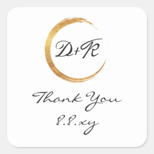 Black White Thank Initials Gold Ring Save The Date Square Sticker
