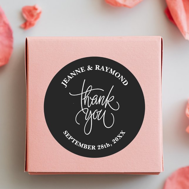 Black & White Thank You Calligraphy Wedding Favour Classic Round Sticker (Creator Uploaded)