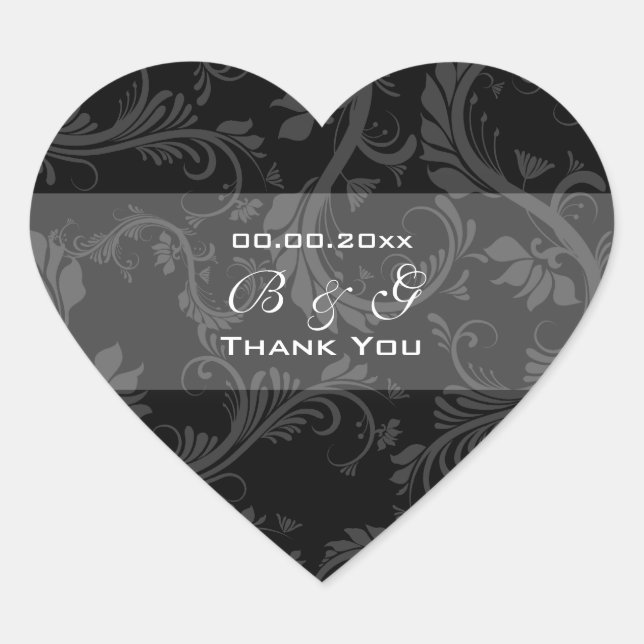 Black white "thank you" wedding heart sticker (Front)