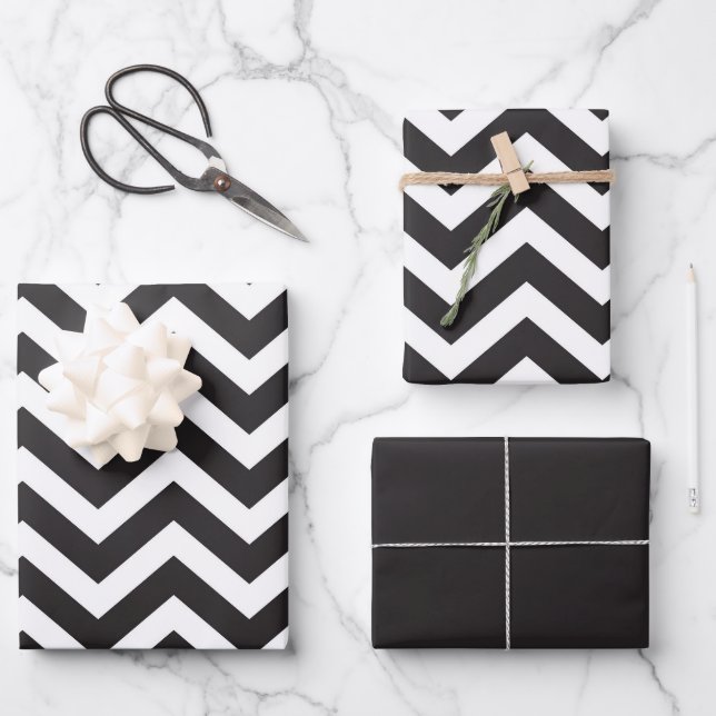 Black & White Thick Chevron Wedding New Year's Eve Wrapping Paper Sheet (Front)