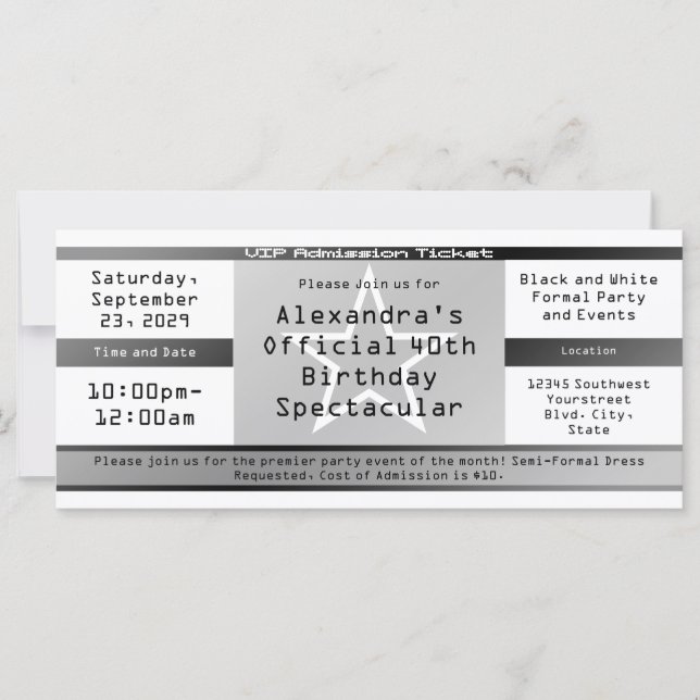 Black/White Ticket Style Invitation or Ticket (Front)