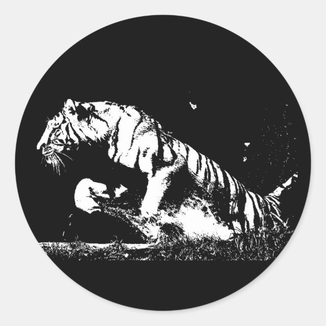 Black White Tiger Pop Art Round Sticker (Front)