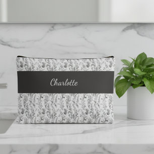 Black White Toile Floral Custom Name Accessory Pouch