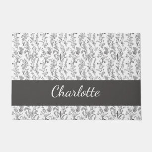 Black White Toile Floral Custom Name Doormat