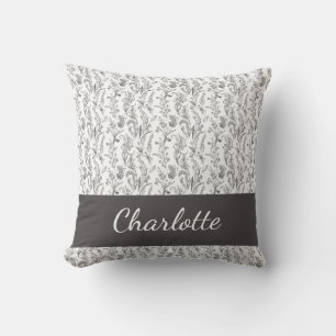 Black White Toile Floral Custom Name Throw Pillow