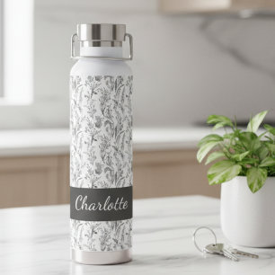 Black White Toile Floral Custom Name Water Bottle