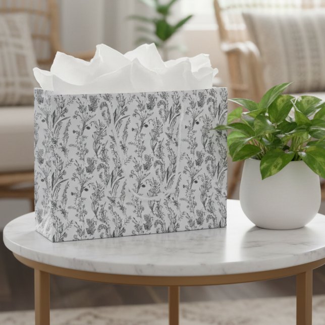 Black White Toile Floral Elegant Large Gift Bag (elegant black and white toile floral gift bag with chic pattern)