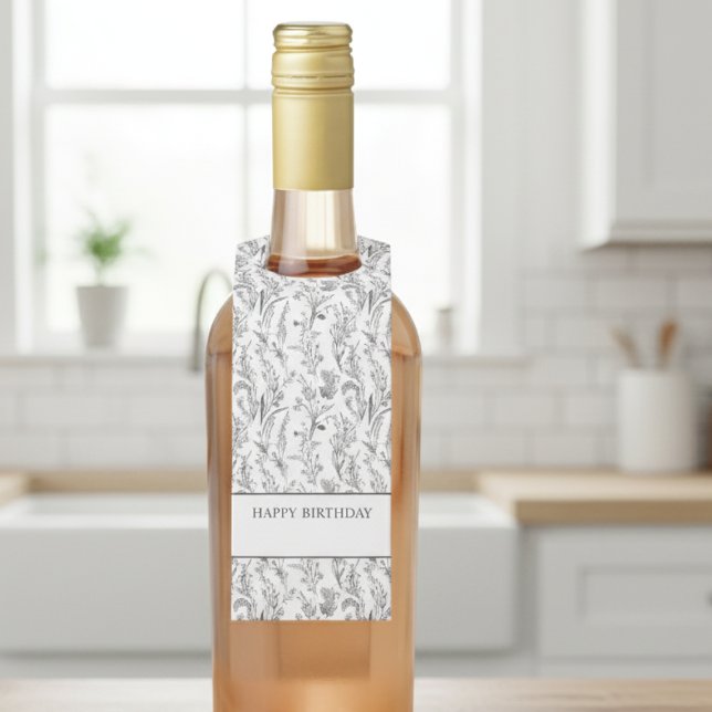 Black White Toile Floral Gift Bottle Tag (happy birthday customized black and white toile wine bottle label with hanging tag design)