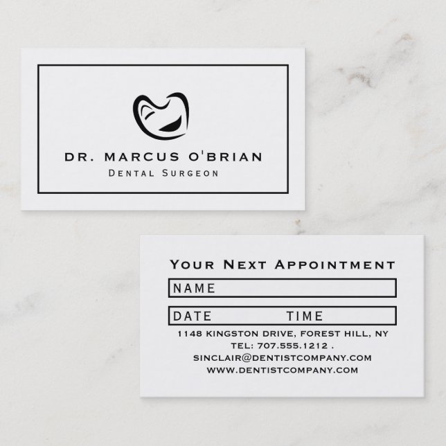 Black & White Tooth Logo, Dentist Appointment Business Card (Front/Back)