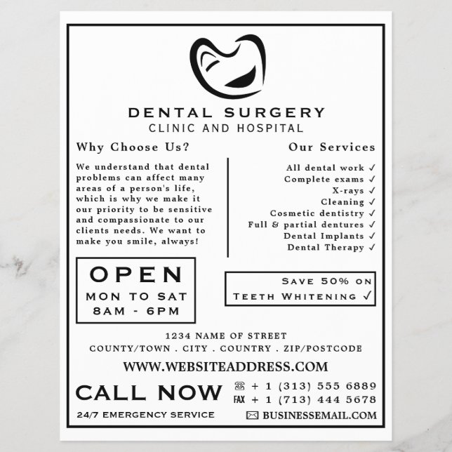 Black & White Tooth Logo Dentistry, Dentist Advert Flyer (Front)