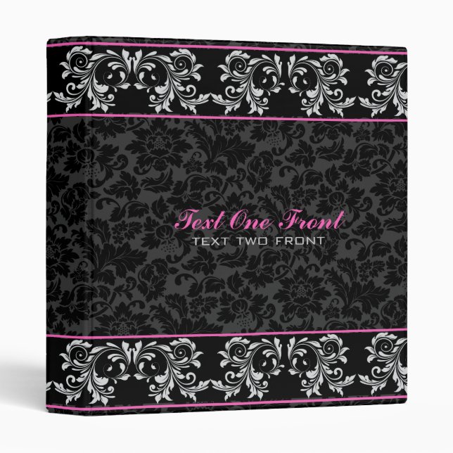 Black White Touch Of Pink Floral Damasks Binder (Front/Spine)