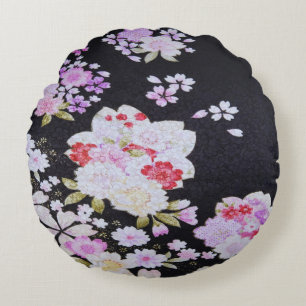 Black White Traditional Japanese Floral Flowers Round Pillow