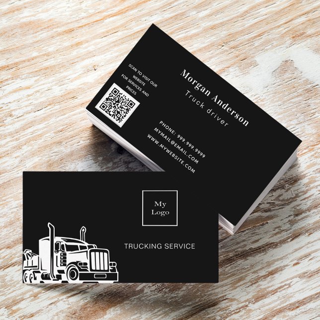 Black white transport trucking service QR code Business Card (Creator Uploaded)