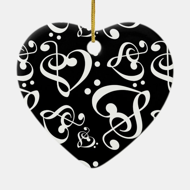 Black White Treble Bass Clef Heart Music Christmas Ceramic Ornament (Back)