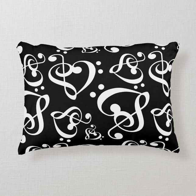 Black White Treble Clef Heart Music Notes Pattern Decorative Pillow (Creator Uploaded)